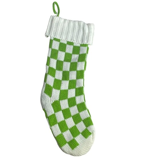 Green White Checkerboard Knit Lined Christmas Stocking 18.5” X 9” Whimsical - Picture 2 of 8